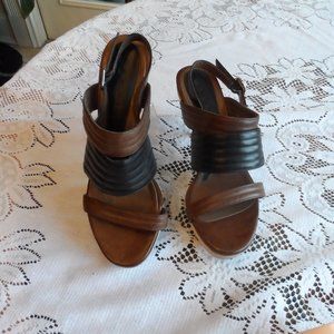 Marni Brown/Black Quilted Leather Strap Wood Platform Sandals Size 39M